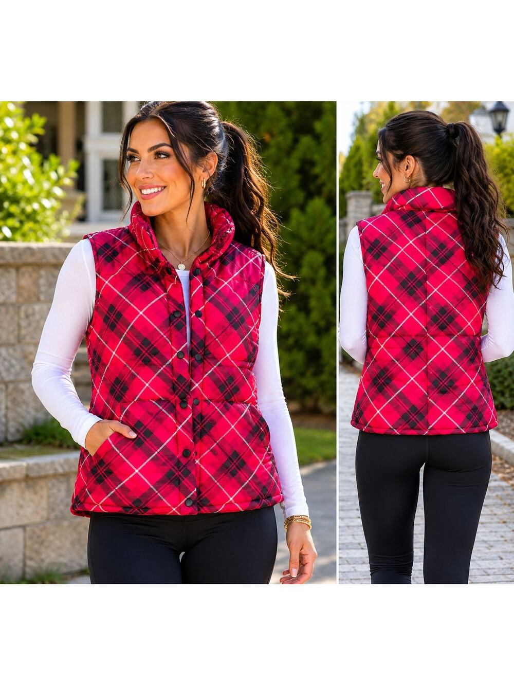 IZOD Women's Plaid Puffer Vest XL Red Pink Black Quilted Snap Front Pockets